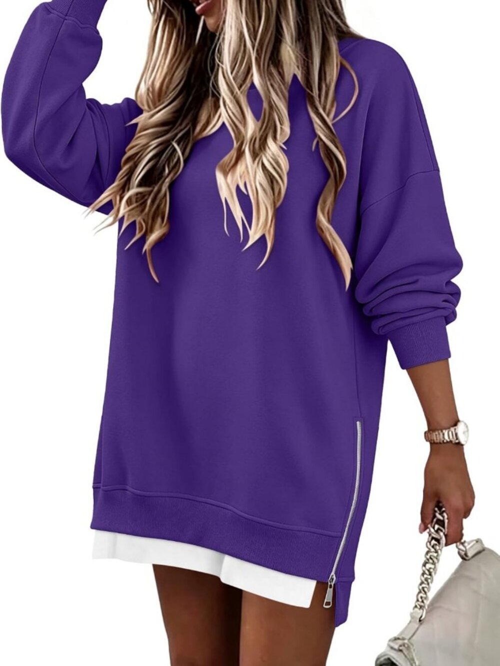 Trendy Oversized Crew Neck Sweatshirt with Zipper Split - Cozy Pullover for